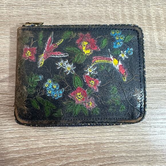 Vtg Morocco Grain American Leather Wallet Bird Floral Tooled Delicate Zip Around - Picture 1 of 10